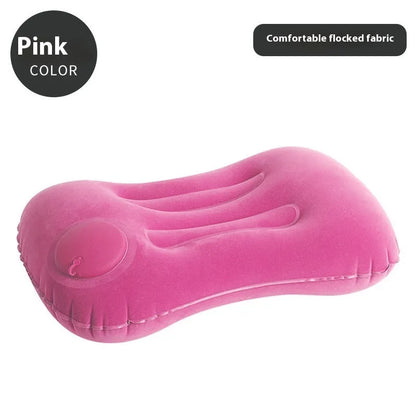 Grey inflatable travel pillow with flocking surface, shown deflated and inflated to 45x30x13cm size.