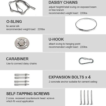 Child in black therapy swing cocoon with multi-loop daisy chain height adjustment system