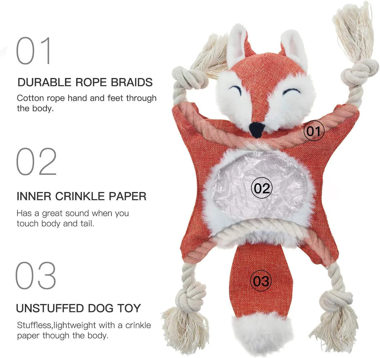 Brown stuffless fox plush dog toy with cotton rope limbs and embroidered eyes