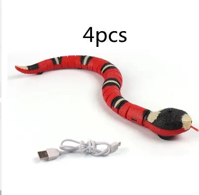 Smart sensing electronic snake cat toy with segmented body for realistic slithering motion on floor.