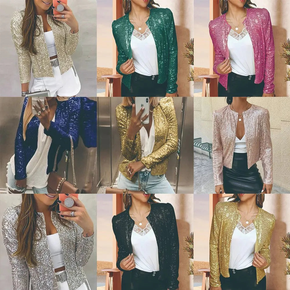 Women's slim fit short sequin coat, 50cm length, available in 17 colours and sizes S to XXXL.