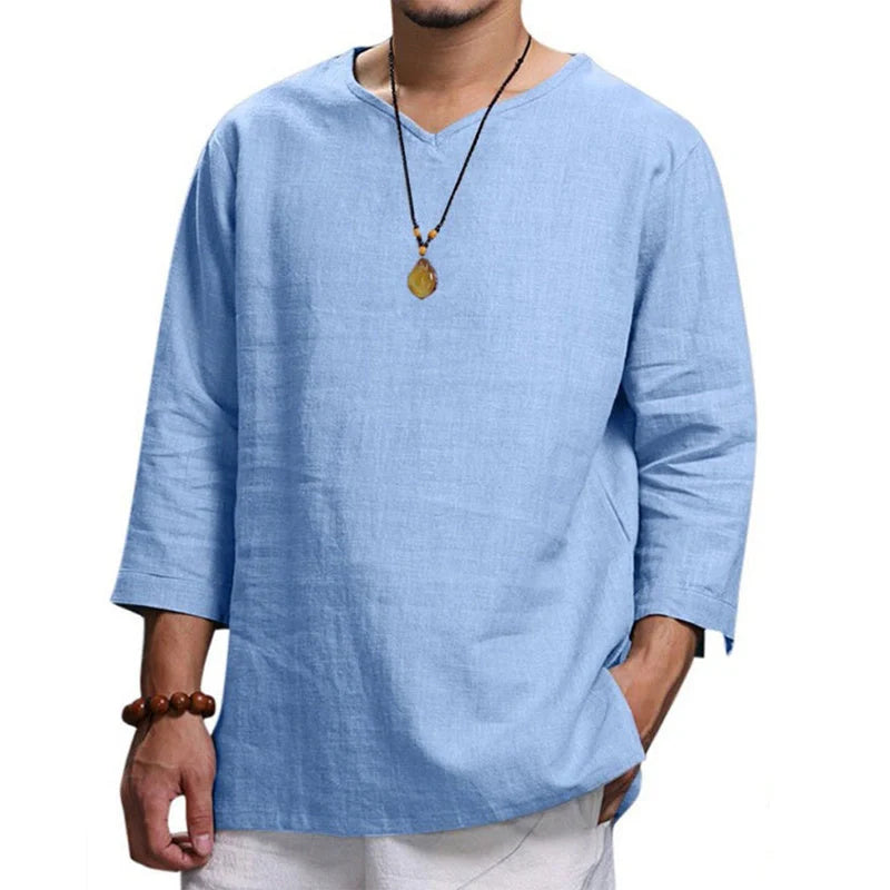 Men's loose V-neck cotton linen long sleeve shirt in various colors