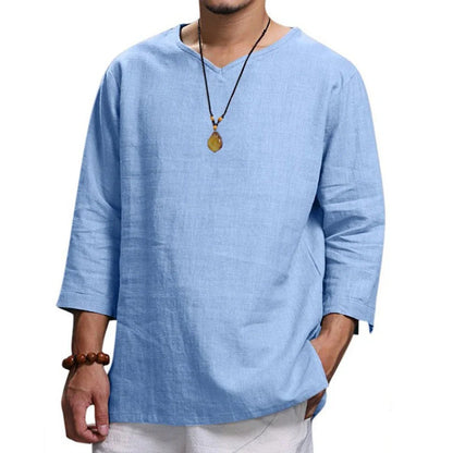 Men's loose V-neck cotton linen long sleeve shirt in various colors