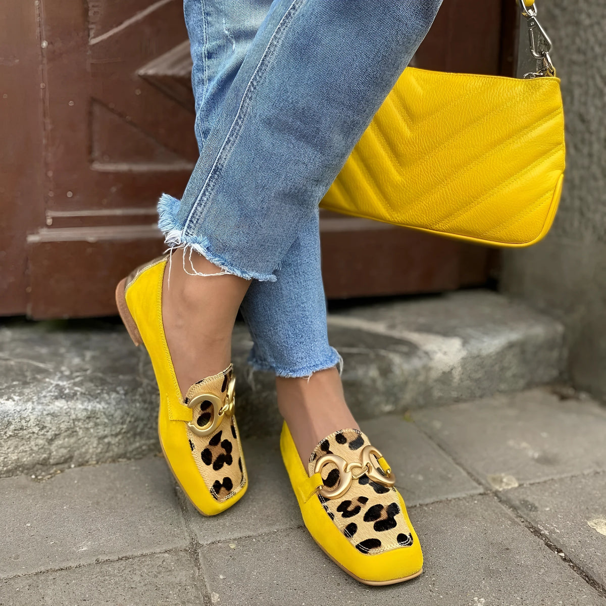 Yellow suede low heel square toe women's casual shoes with shallow mouth and rubber sole