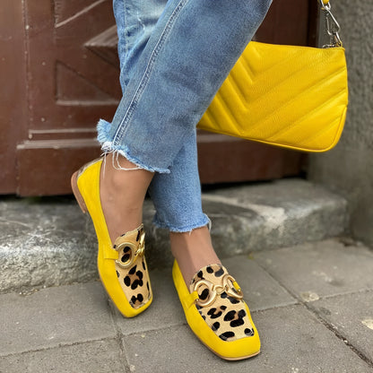Yellow suede low heel square toe women's casual shoes with shallow mouth and rubber sole