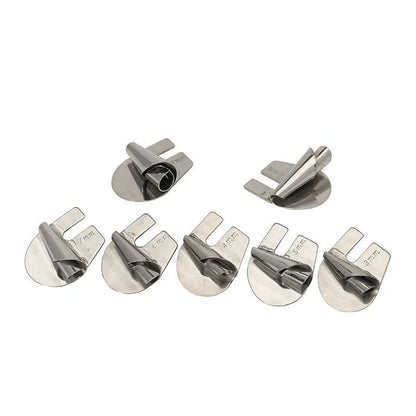 Spiral edge folder sewing hemmer with towel tube sizes from 3MM to 10MM, shown as single or set of eight