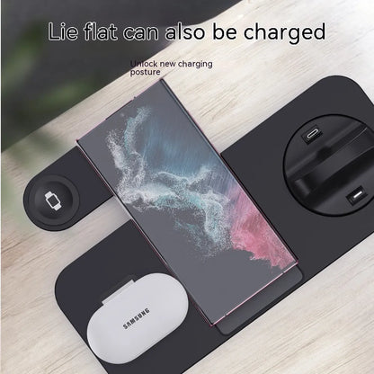 B-21 three-in-one wireless charging station for mobile phone, headset, and smartwatch on a desk.