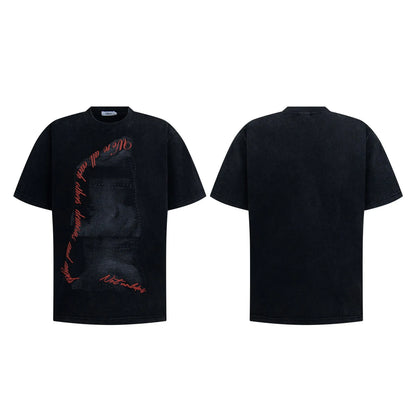 Washed vintage men's loose short sleeve T-shirt in black cotton blend, sizes S to XL