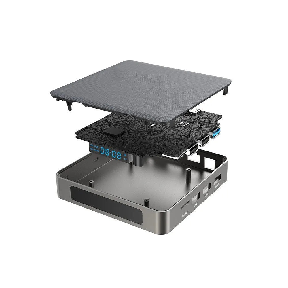 Android TV set-top box with remote control showing HDMI and power ports