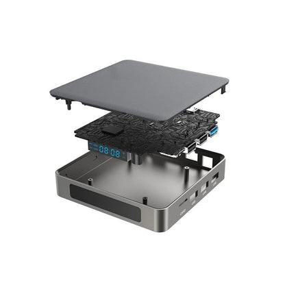 Android TV set-top box with remote control showing HDMI and power ports