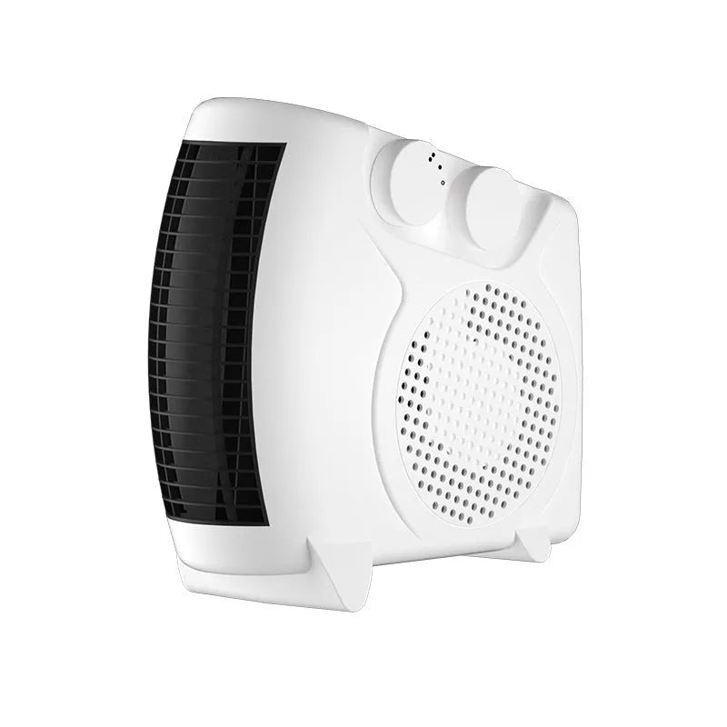 Small white electric heater on desktop with compact dimensions for home or office use