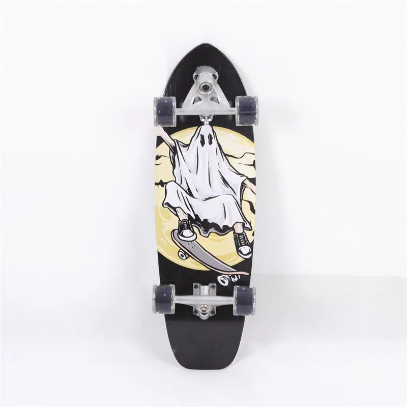 White 31-inch maple wood street scooter on pavement, showing non-folding cruiser design.