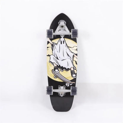 White 31-inch maple wood street scooter on pavement, showing non-folding cruiser design.