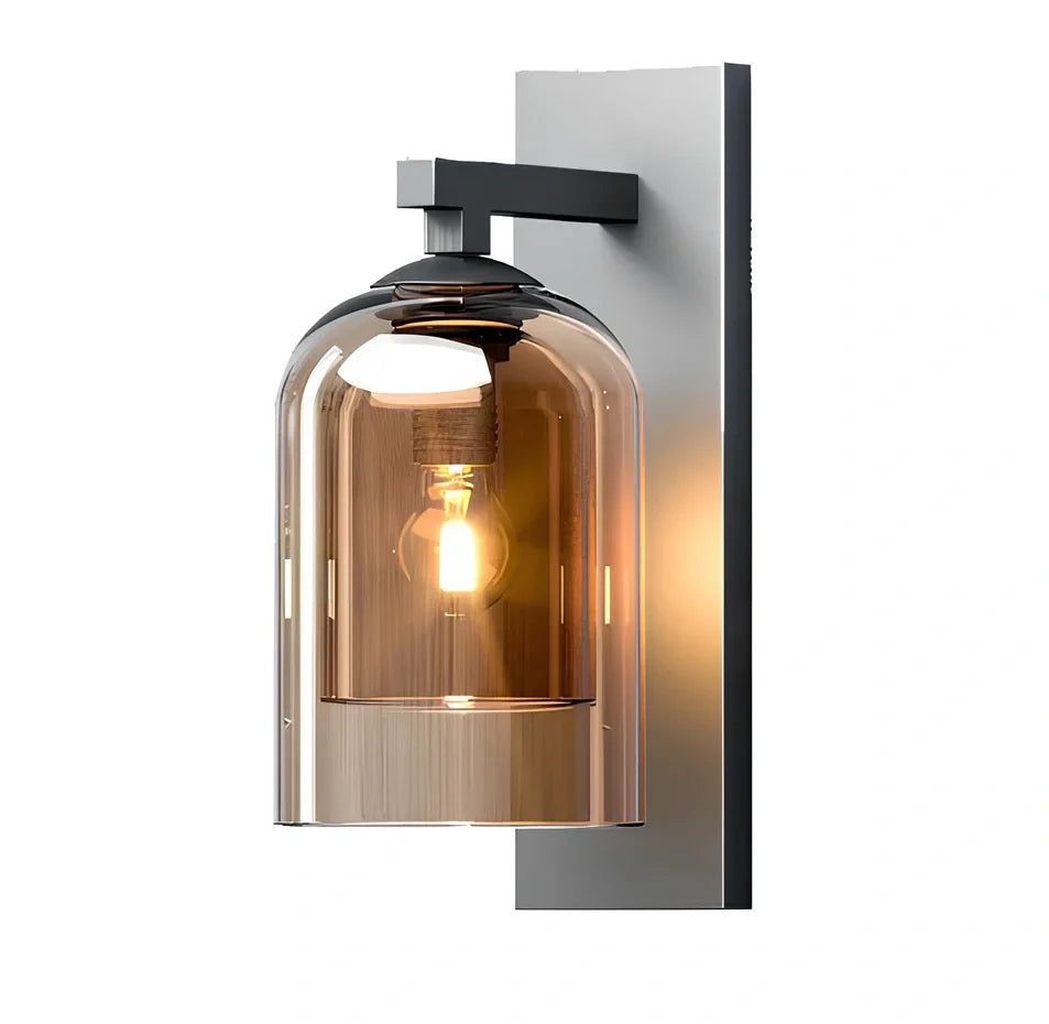 Nordic wall lamp with glass shade in amber colour, E27 holder, and compact 15 mm dimensions for wall mounting.