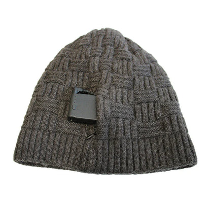 USB rechargeable heated fleece hat with adjustable temperature settings for outdoor activities like hiking, climbing, and fishing