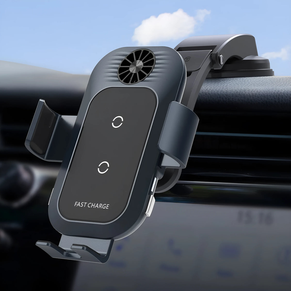 C35 colour car wireless phone charger holder mounted on a car air vent, showing automatic clamping arms.