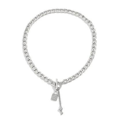 Stylish lock and key pendant necklace with a delicate chain, available in a variety of colors and materials