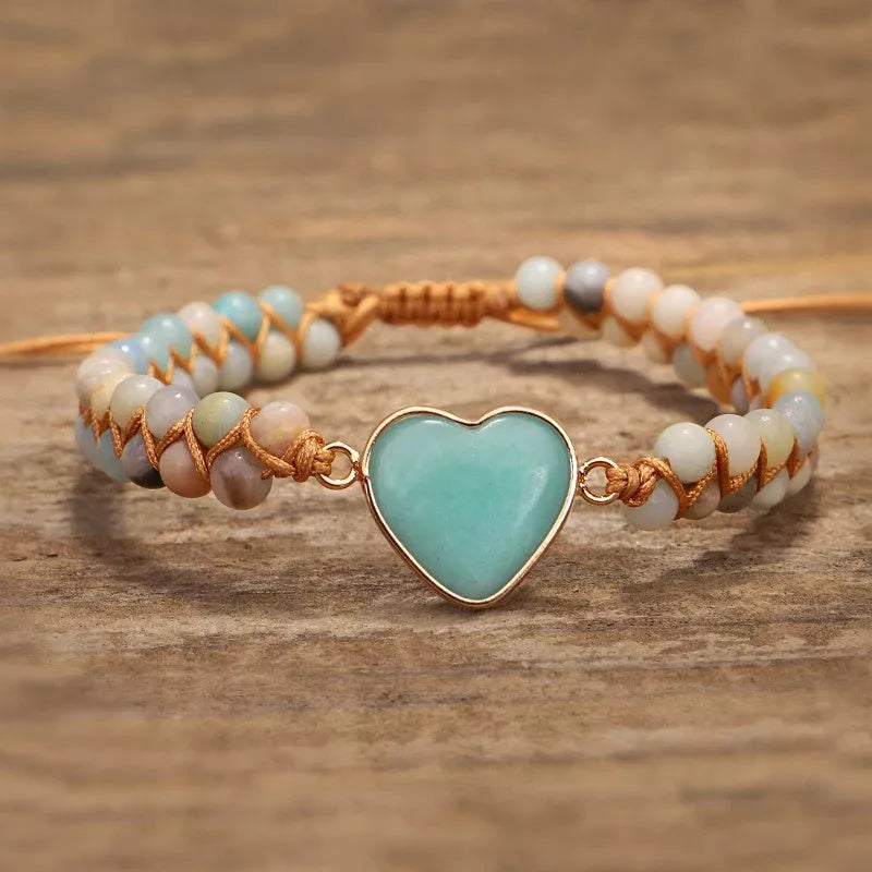 Adjustable heart charm bracelet with blue-green amazonite stones and braided macrame wristband