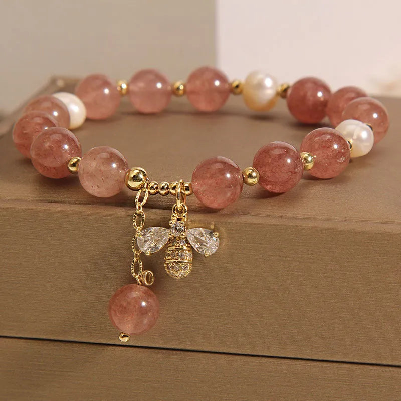 Freshwater pearl and strawberry quartz bracelet with zircon stones and alloy bead accents