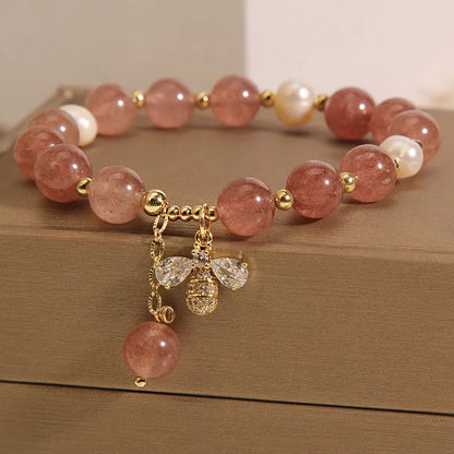 Freshwater pearl and strawberry quartz bracelet with zircon stones and alloy bead accents