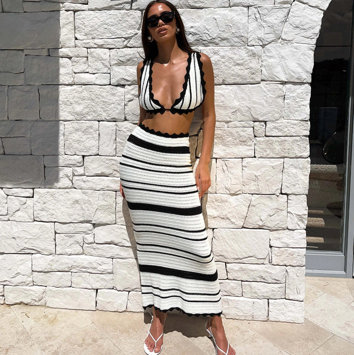 Women's striped bikini set with sling top and long skirt for summer beachwear