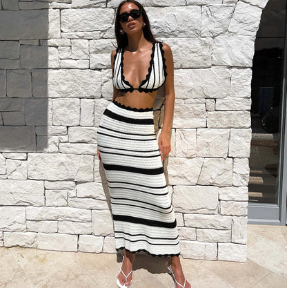 Women's striped bikini set with sling top and long skirt for summer beachwear