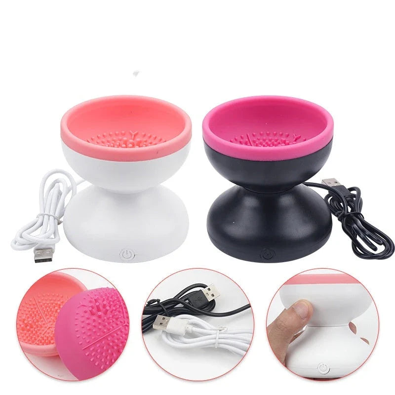 Portable USB electric makeup brush cleaner in white, black rose red, and purple