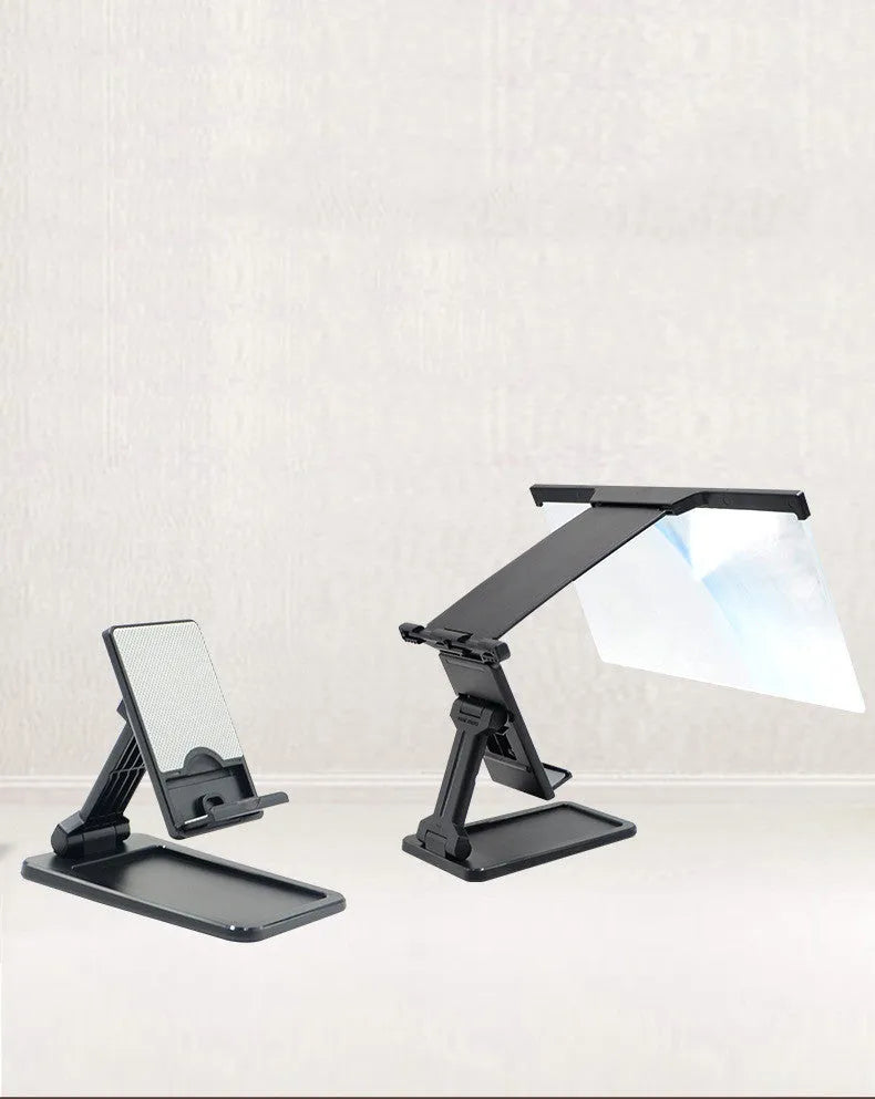 Black mobile phone screen amplifier with detachable holder, magnifying to 12 inches, folded for portability