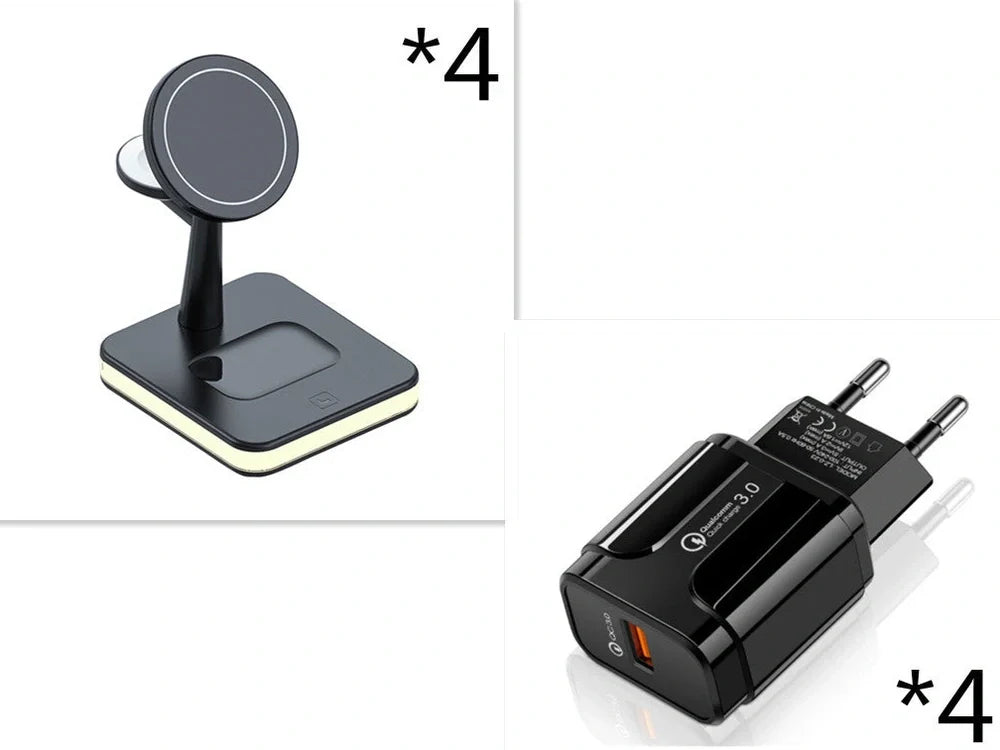 Black three-in-one wireless charger magnetic bracket on a desk charging multiple devices