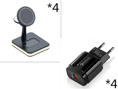 Black three-in-one wireless charger magnetic bracket on a desk charging multiple devices