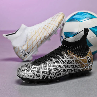 Pair of football boots with rubber studded sole, tall crown upper and front laces, for natural lawn and artificial grass