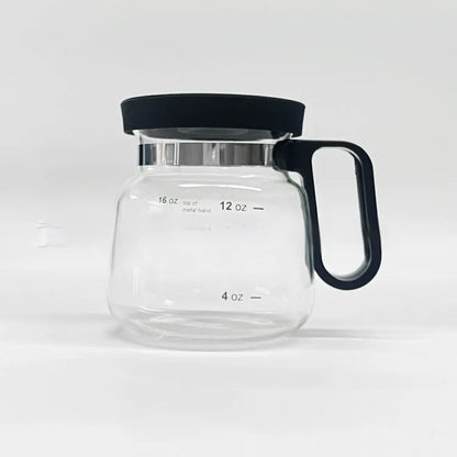 Transparent borosilicate glass coffee maker with silicone cover showing 355-473ml capacity markings