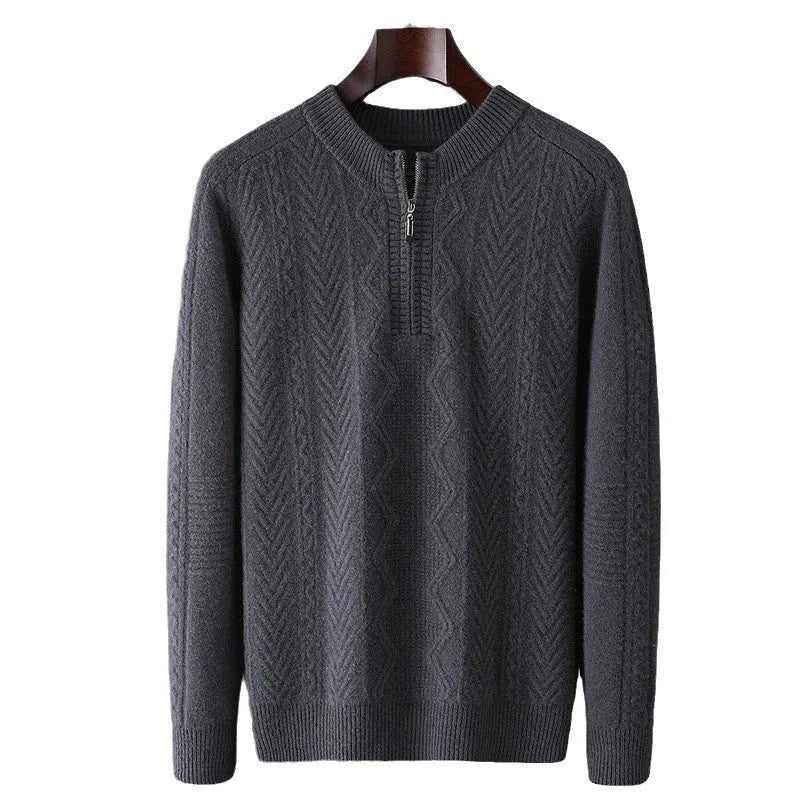 Men's Diamond Lattice Loose Half Zipper Wool Sweater: 50cm length with fine yarn thickening for autumn warmth in 7 colours including dark camel and water green