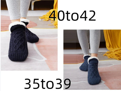 Winter woolen socks with V-opening design and anti-slip dots on soles in navy blue colour