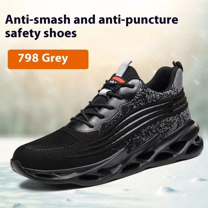 Men's brown leather labour protection safety shoes with a rubber sole.