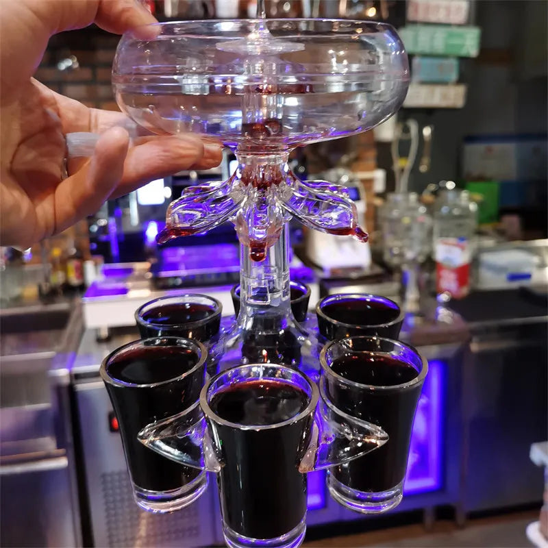 Transparent PMMA 6-shot glass dispenser stand with six shot glasses on a bar
