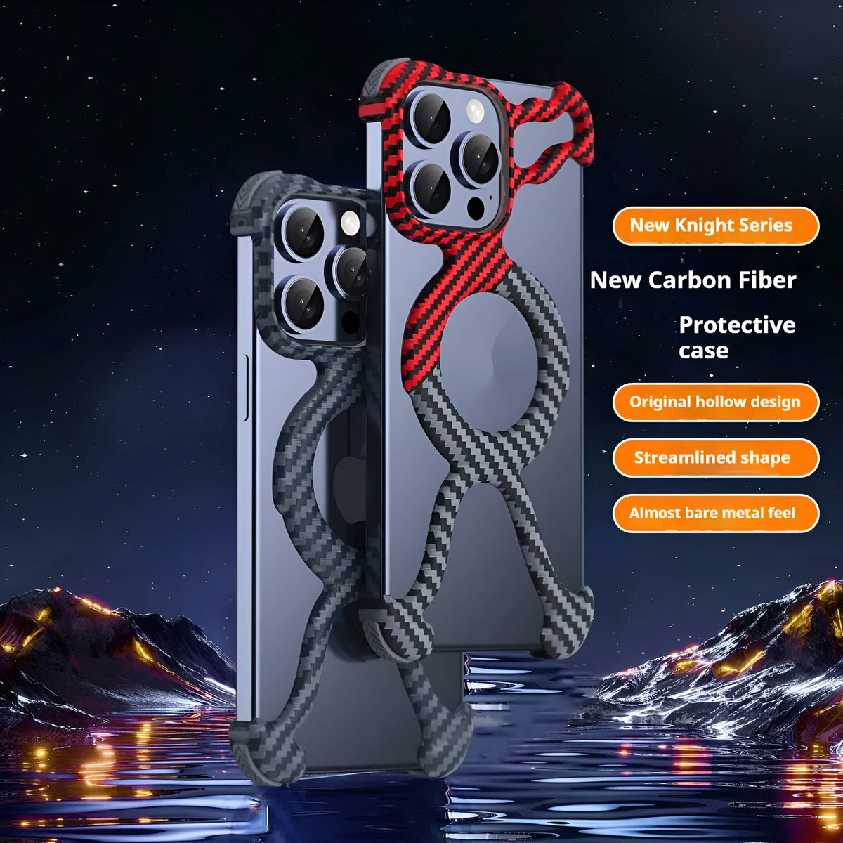 Carbon fibre grain magnetic frameless iPhone case in black and red, PC electroplated, for iPhone 13 14 15