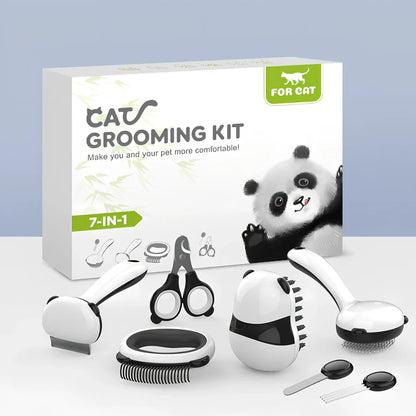 Panda model cat grooming set with 7 tools including combs and nail care implements