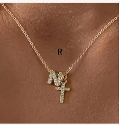 A-Z zircon inlaid letter necklace on a copper regular chain with electroplated finish