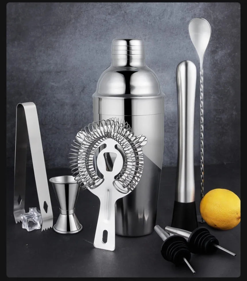 23-piece stainless steel cocktail set with shaker, jigger, strainer, and tools for home bar mixing