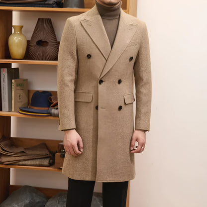 Brown men's slim fit double breasted wool blend jacket with straight hem and side seam pockets.