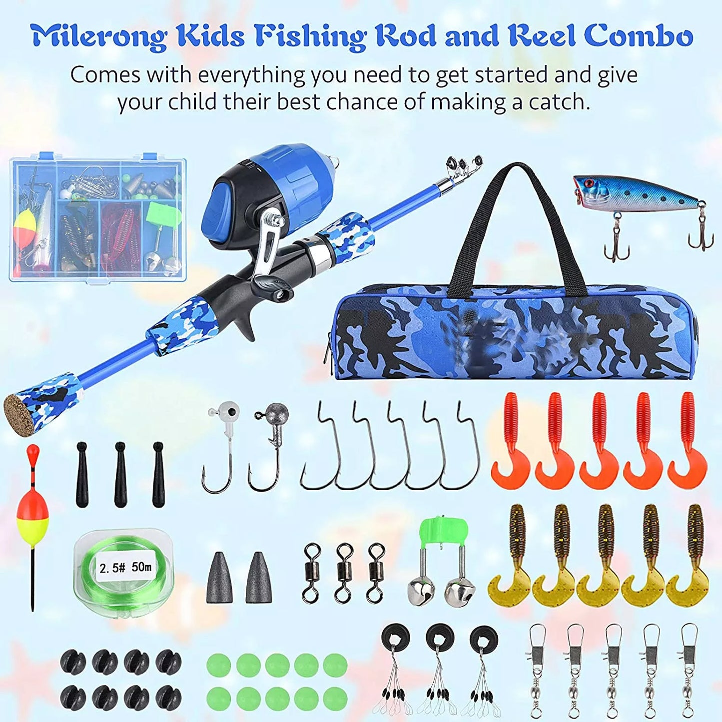 Kids and teens telescopic fishing rod set with non-slip grip and portable bag