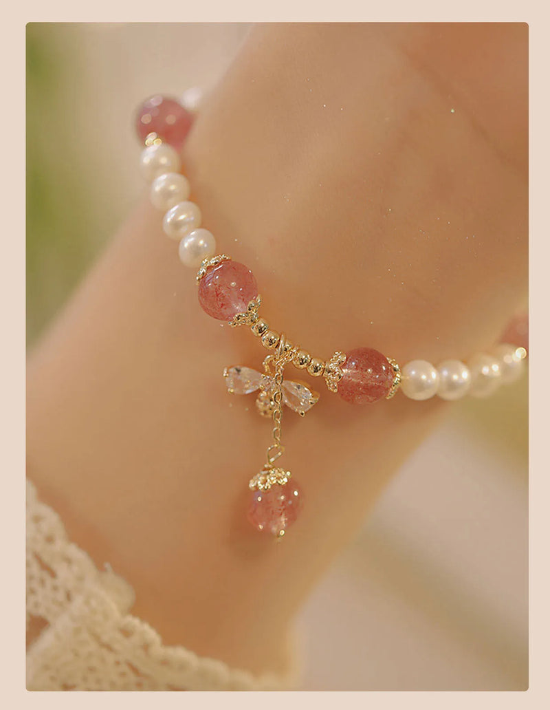 Crystal Strawberry Quartz Bracelet for Women featuring natural gemstone beads, hand-strung INS style summer fashion jewellery with bow charm design and adjustable fit