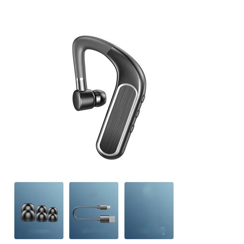 Black Bluetooth earphones with hanging ear design, showing ear caps and charging port