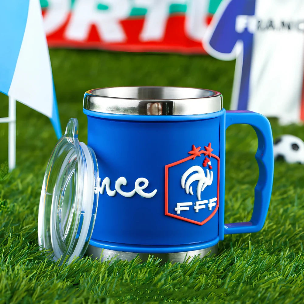 World Cup football mug in team colours with 7.6cm diameter and rubber-metal construction