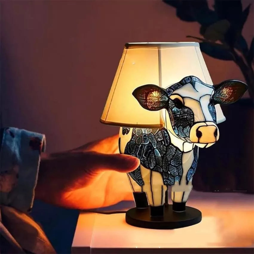 Vintage cow table lamp with USB power for cozy bedroom lighting
