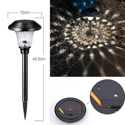 Solar outdoor lawn light in garden setting showing 12×12×42.5cm dimensions and solar panel