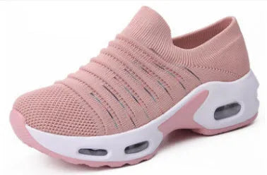 Women's fly-knit stretch socks shoes in dark blue with mesh upper and low heel