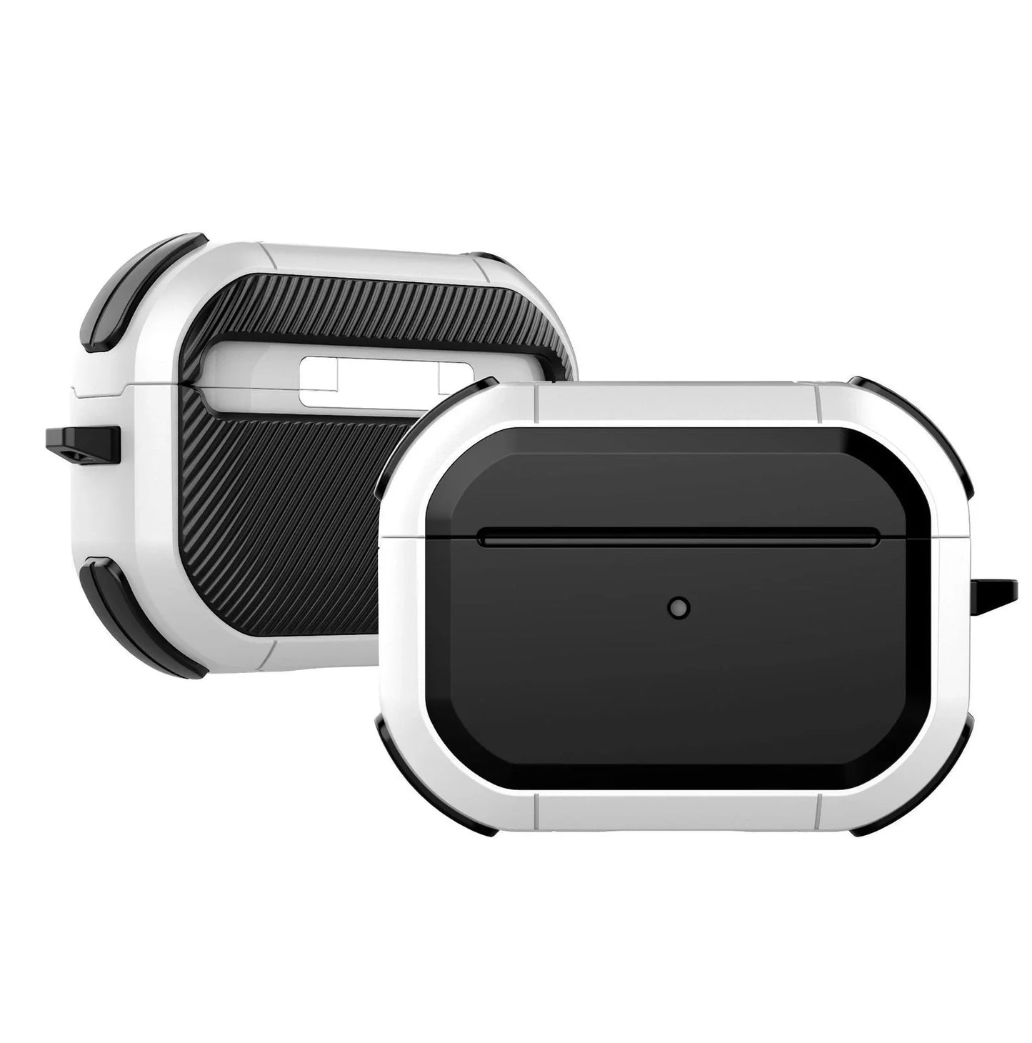 AirPods protective sleeve case in clamshell design with multiple colour options showing charging port cutouts