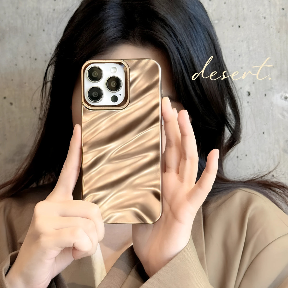Purple TPU back cover phone case with Desert Gold silk pattern and three-dimensional design for selected iPhone models.